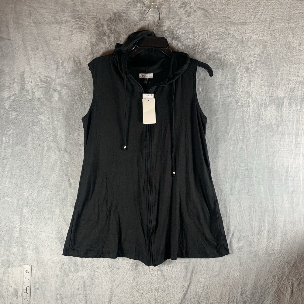 J Valdi Women's Swim Cover Up M Black Full Zip Hoodie Pockets Short Sleeve Dress